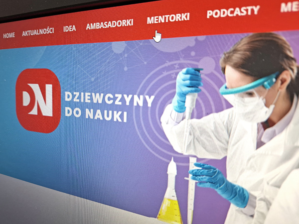 The combined letters D and N, the project name and a photo of a woman with a pipette, in a white coat and safety glasses